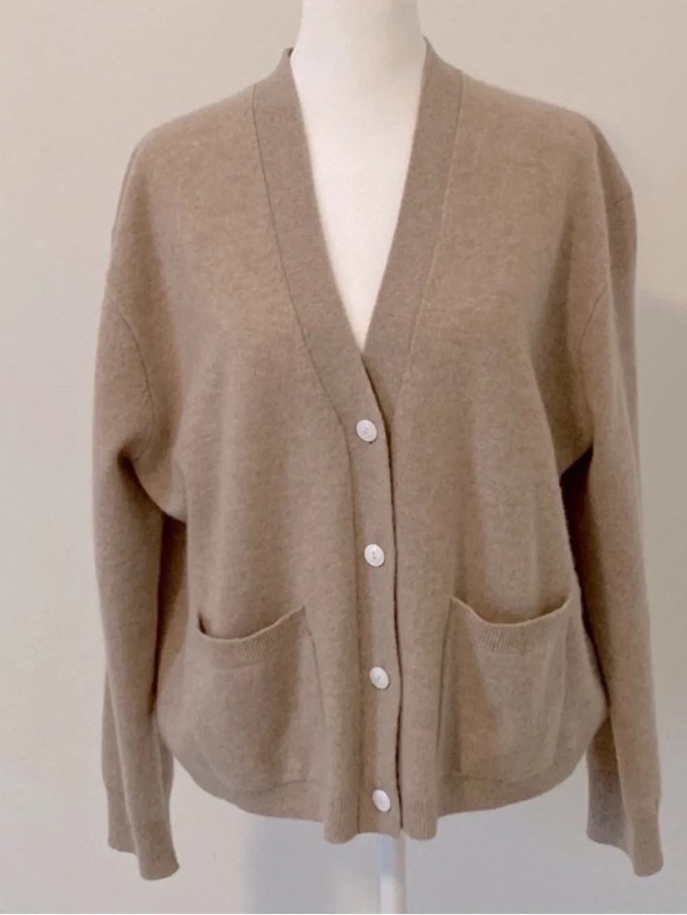 J.Crew Cashmere Patch-Pocket Cardigan Sweater M Neutral Tan Heather Stone
